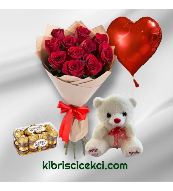11 Kırmızı Gül Buketi 16'lı Ferrero Çikolata Ayıcık Kalp Helyum Balon
